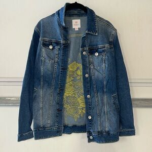 LuLaRoe vintage denim jacket with green floral embroidered